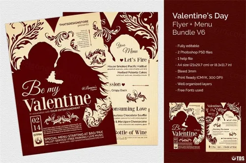 情人节菜单模板 Valentines Day Flyer Menu