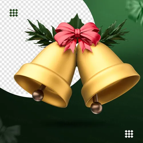 三维立体圣诞节铃铛树枝图标素材 3d golden bells with red bow and tree branches