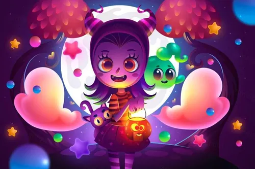 万圣节派对卡通女孩糖果插画EPS矢量海报模板素材 Hallo