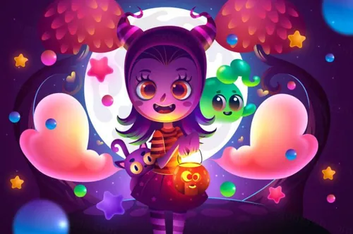 万圣节派对卡通女孩糖果插画EPS矢量海报模板素材 Halloween Party