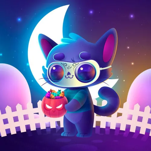 万圣节派对卡通猫咪糖果插画EPS矢量海报模板素材 Halloween Party