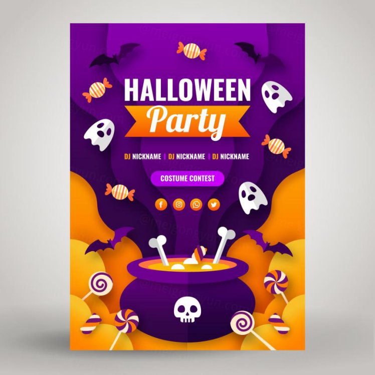 万圣节派对卡通插画EPS矢量海报模板素材 Halloween Party