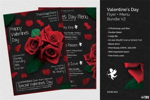 情人节传单 菜单PSD模板 V2 Valentines Day Flyer
