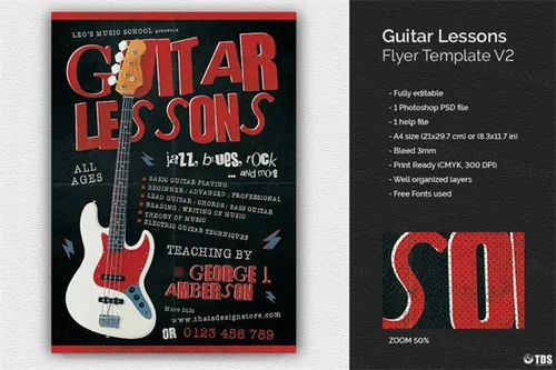吉他课程传单PSD模板 V2 Guitar Lessons