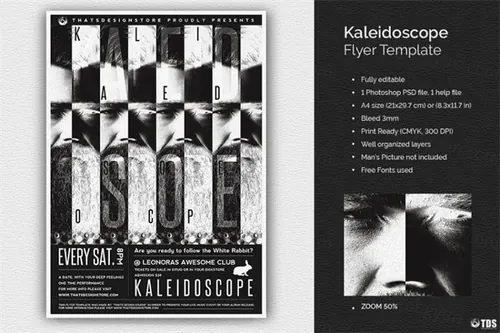 黑白电影海报PSD模板 Kaleidoscope Flyer