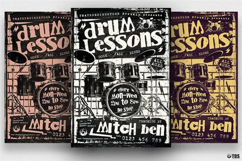 鼓课海报PSD插画模板V1 Drum Lessons Flyer