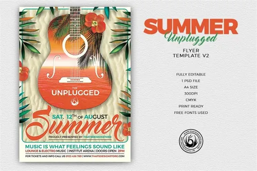 夏天吉他海报模板v2 Summer Unplugged Flyer