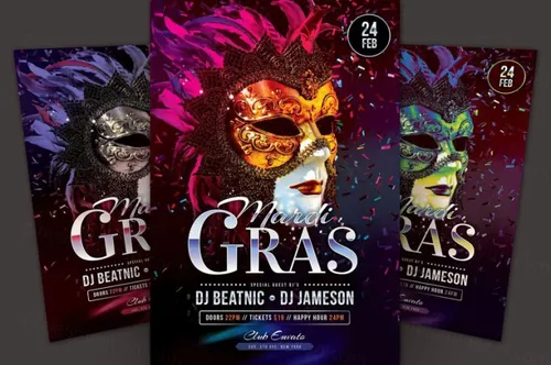 狂欢节面具化妆舞会传单模板 Mardi Gras Flyer Template