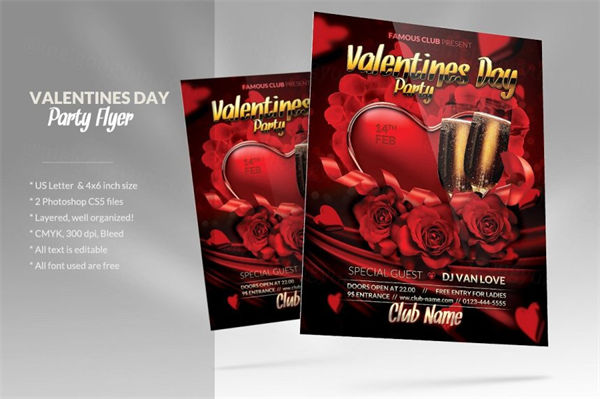 情人节派对传单模板 Valentine’s Day Party Flyer