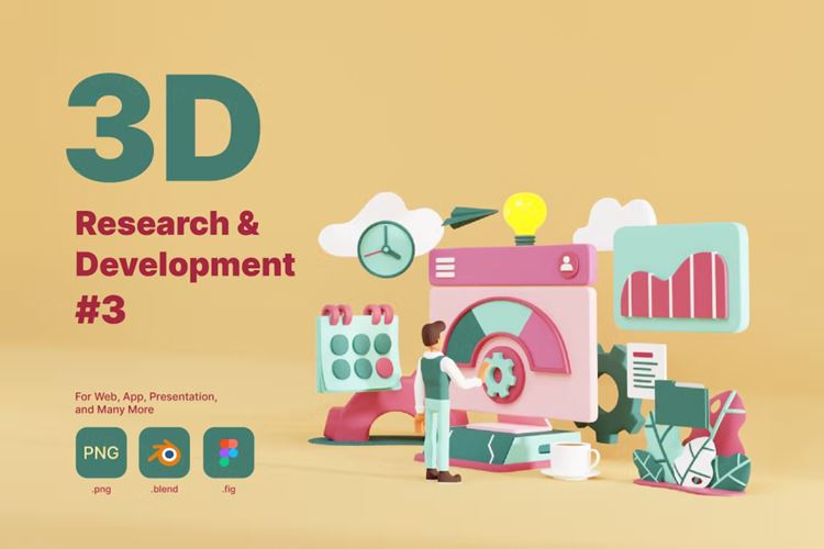 三维渲染企业数据研究产品开发3D商业插画素材 3D Rese