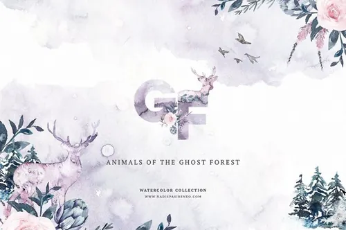 手绘水彩幽灵森林主题装饰素材 Animals-of-the-