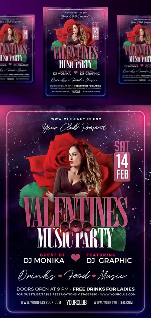 情人节音乐会宣传海报传单PSD模版素材 PSD Valentine Day Music Party Flyer