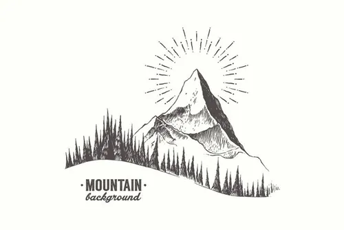复古手绘冷杉树设计素材Mountain peak with fir forest