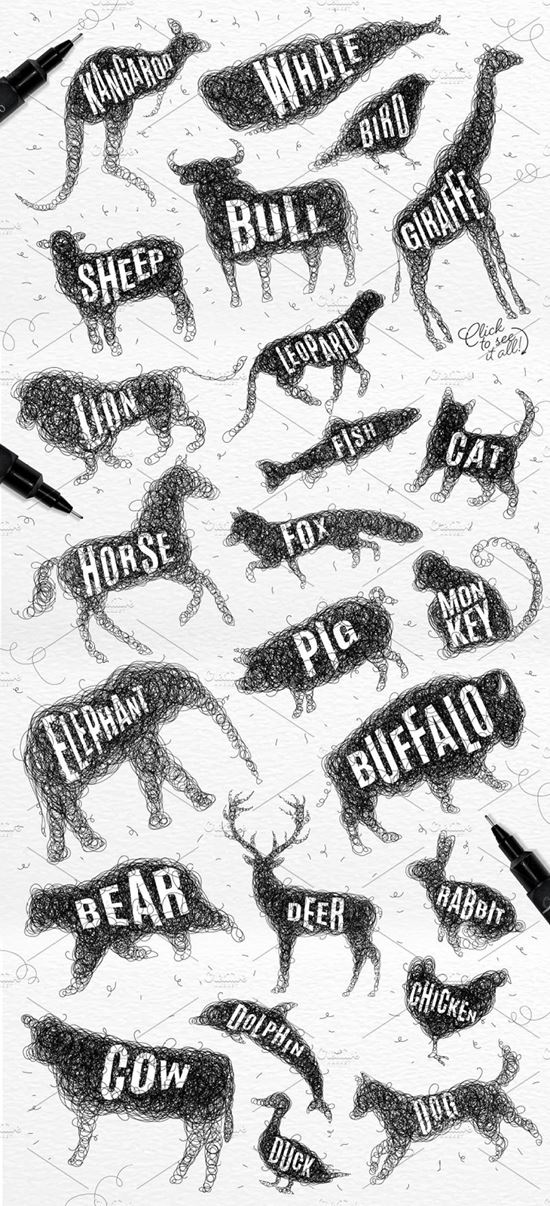 矢量手绘线条缠绕动物矢量插图 Animals-tangled