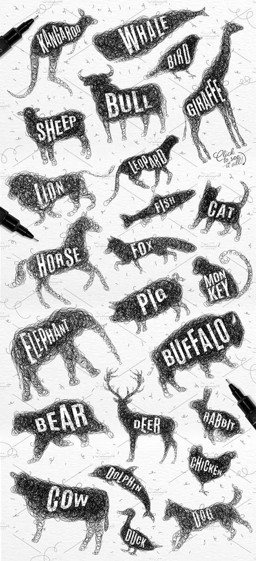 矢量手绘线条缠绕动物矢量插图 Animals-tangled