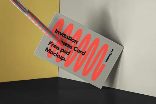 漂浮的名片钢笔品牌设计提案样机模板 Invitation Psd Business Card Mockup Set