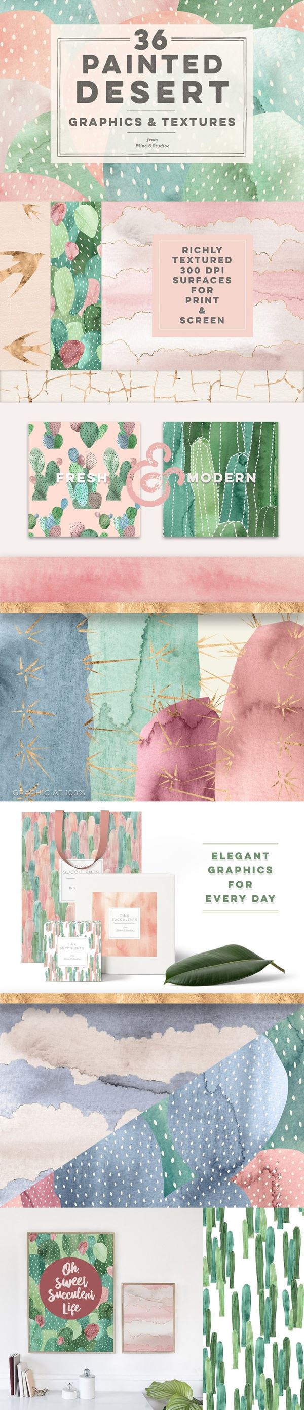 36款手绘水彩沙漠仙人掌玫瑰金纹理图案素材 36 Paint