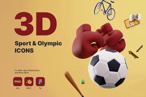 20个三维渲染奥林匹克足球篮球橄榄球运动器材主图3D图标素材