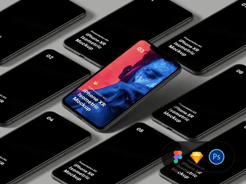 最新LS大厂出品苹果最新手机等距展示样机素材 Isometric iPhone XR Mockup