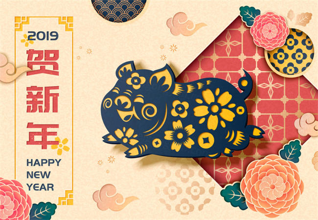 猪年传统生肖牡丹纸艺风格新年横幅海报矢量素材【EPS、JPG】