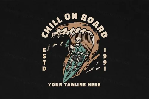 复古冲浪休闲品牌LOGO徽标矢量插画素材 Chill On Board Vintage Surfing Ilustration