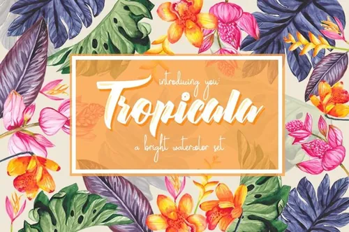 热带水彩手绘异国情调棕榈树花卉植物剪贴画素材 Tropica