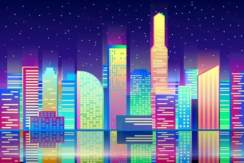 全景抽象矢量彩色霓虹灯照亮城市景观Night City Colorful Illuminated