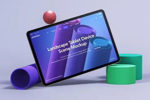 高质量iPad平板电脑几何元素场景样机模板 Psd Tablet Mockup Device Scene