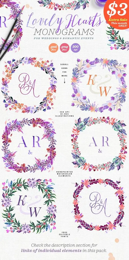 6款精致手绘紫罗兰色植物婚礼浪漫活动元素 Lovely He