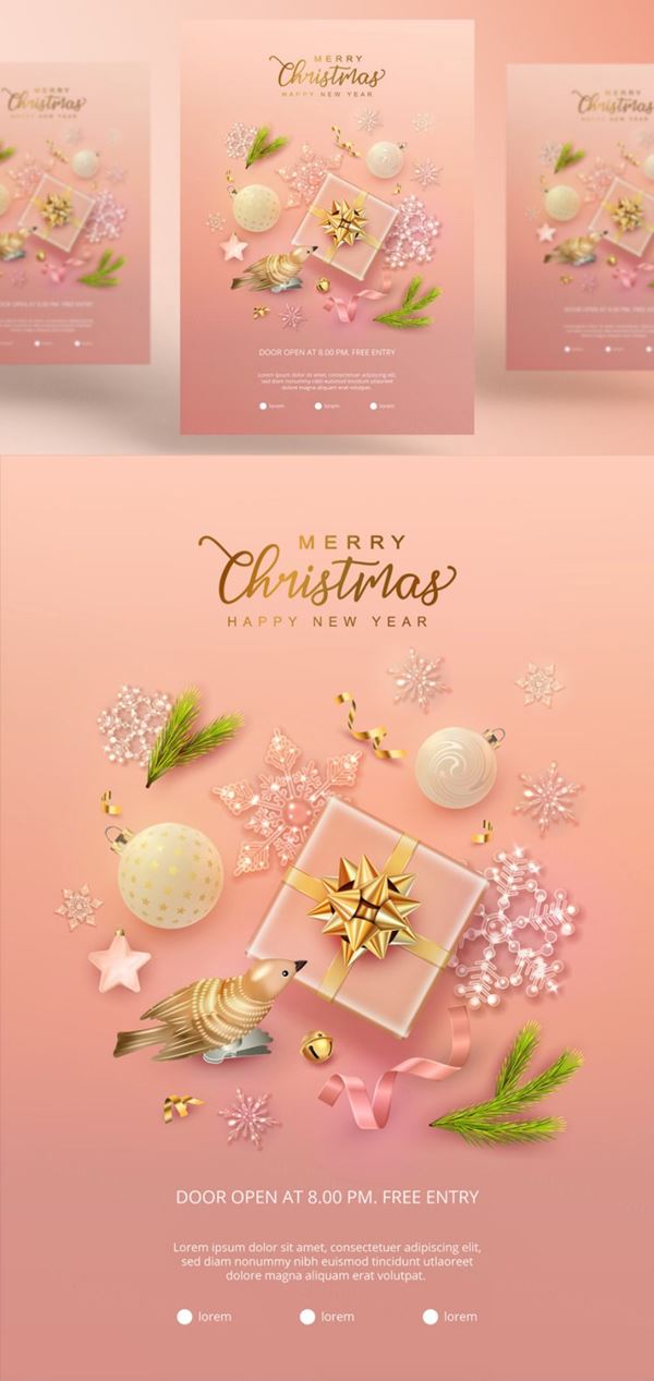 玫瑰金圣诞节新年贺卡现实主义装饰元素EPS矢量海报素材 Merry christmas golden rose