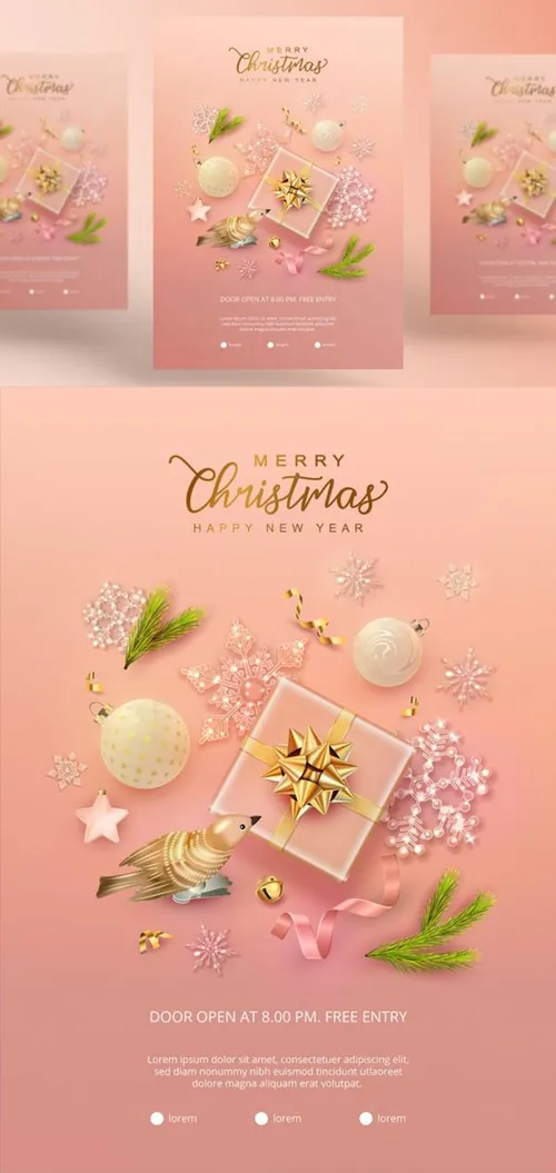 玫瑰金圣诞节新年贺卡现实主义装饰元素EPS矢量海报素材 Merry christmas golden rose
