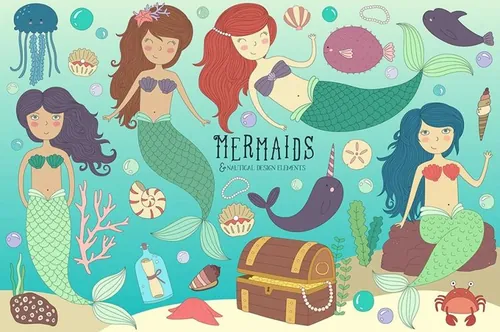 矢量海洋美人鱼设计素材Mermaid-amp; Sea Life Clipart Bundle