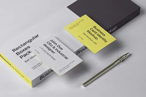 包装盒名片设计品牌VI展示样机模板 Box Psd Business Card Mockup