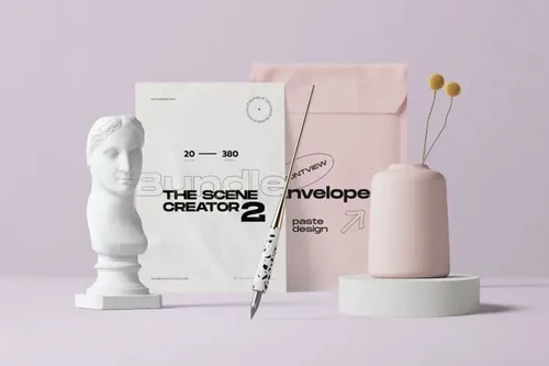 文件袋A4纸单页贴图展示品牌提案石膏雕塑场景 Envelope And Papers With Bust Mockup