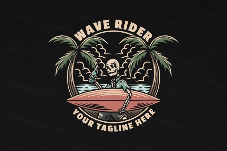复古冲浪骑手徽标LOGO矢量插画素材 Wave Rider Surfing Vintage Logo Illustration