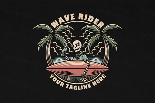 复古冲浪骑手徽标LOGO矢量插画素材 Wave Rider Surfing Vintage Logo Illustration