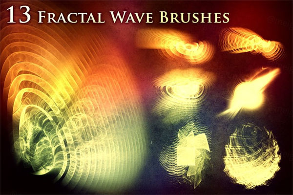 13个冲击波数字信号波波纹波浪PS笔刷 Fractal Wave Br