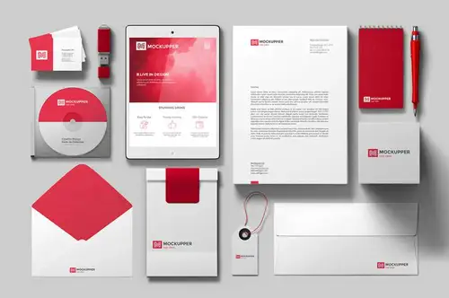 红色系列品牌VI提案Free Mockup Identity Top View 样机模版