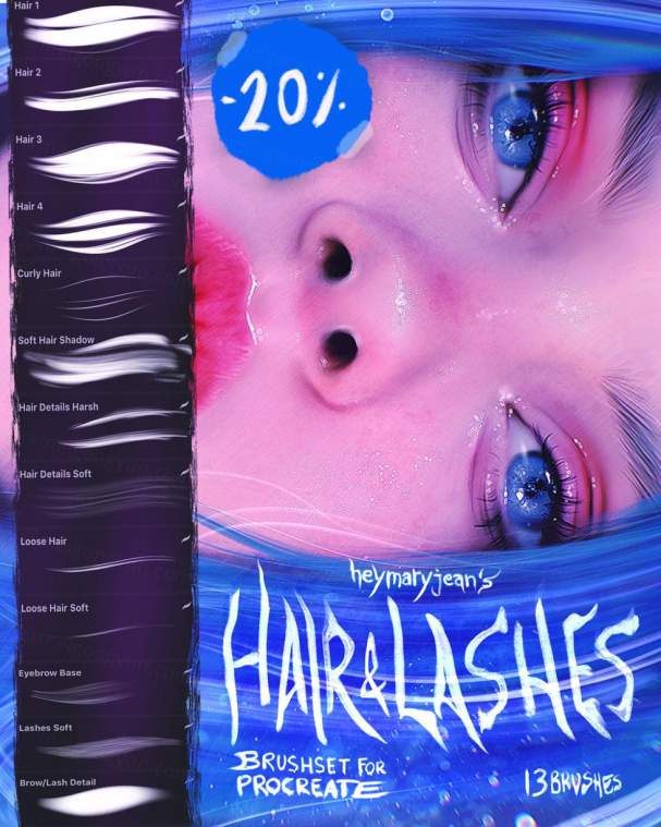 卡通动漫二次元插画美女头发睫毛笔刷套装 HairLashes Brushset for Procreate