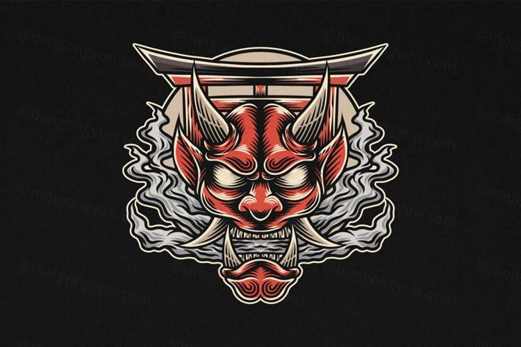 日式复古鬼面具冲浪运动品牌LOGO徽标矢量插画素材 Oni Mask Vintage Logo