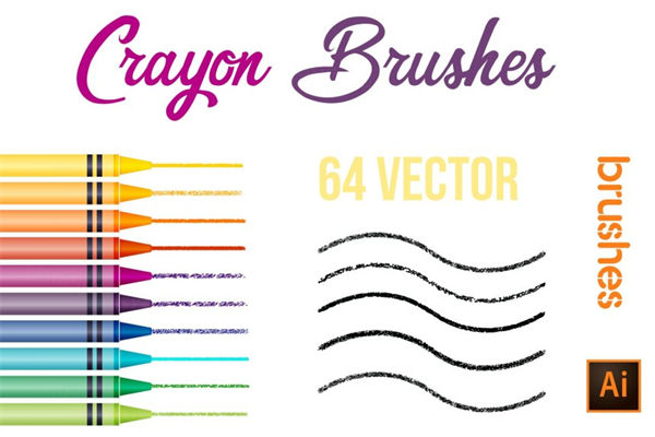 64个蜡笔矢量AI矢量笔刷素材 Crayon Brushes Illu