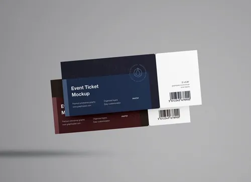 2张电影票游乐园门票飞机票贴图样机PSD模版素材 Floating Tickets Mockup
