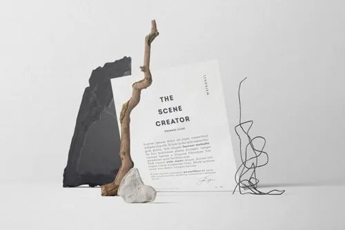 纸张贴图品牌设计提案石头钢丝场景模板 Paper In A Composition Of Objects Mockup