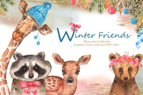 冬季动物圣诞节装饰元素水彩插图PNG素材 Winter Fr