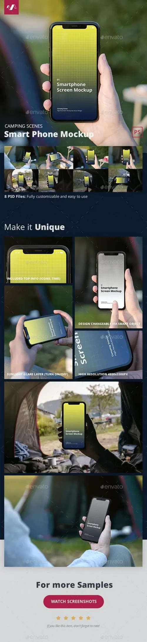 户外旅游露营真实场景移动APP项目设计提案PSD样机模板 Phone Mockup Camping