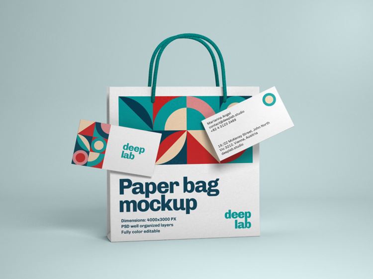 购物纸袋手提袋名片品牌设计提案样机PSD模板 Paper bag with business card