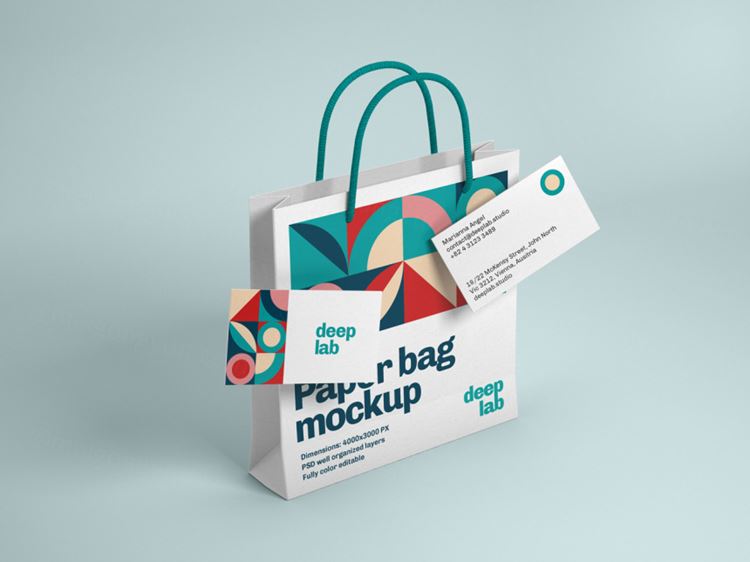 购物纸袋手提袋名片品牌设计提案样机PSD模板 Paper bag with business card