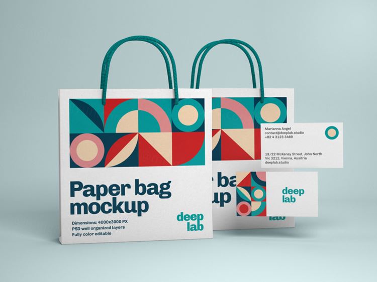 购物纸袋手提袋名片品牌设计提案样机PSD模板 Paper bag with business card