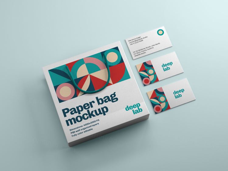 购物纸袋手提袋名片品牌设计提案样机PSD模板 Paper bag with business card