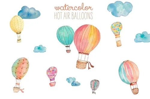 手绘水彩可爱热气球元素Watercolor Hot Air Balloons